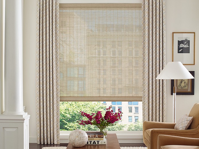 Design Studio™ Side Panels & Drapery Fabric: Intersections  Color: Thunder Provenance® Woven Woods Shades Fabric: Maritime  Color: Morning Fog